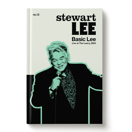 A hardcover DVD CD Bookback titled 'stewart LEE Basic Lee Live at The Lowry, 2024' on a clean white background. The cover features a black-and-white portrait of Stewart Lee with a mint green outline, set against a split light gray and black background.